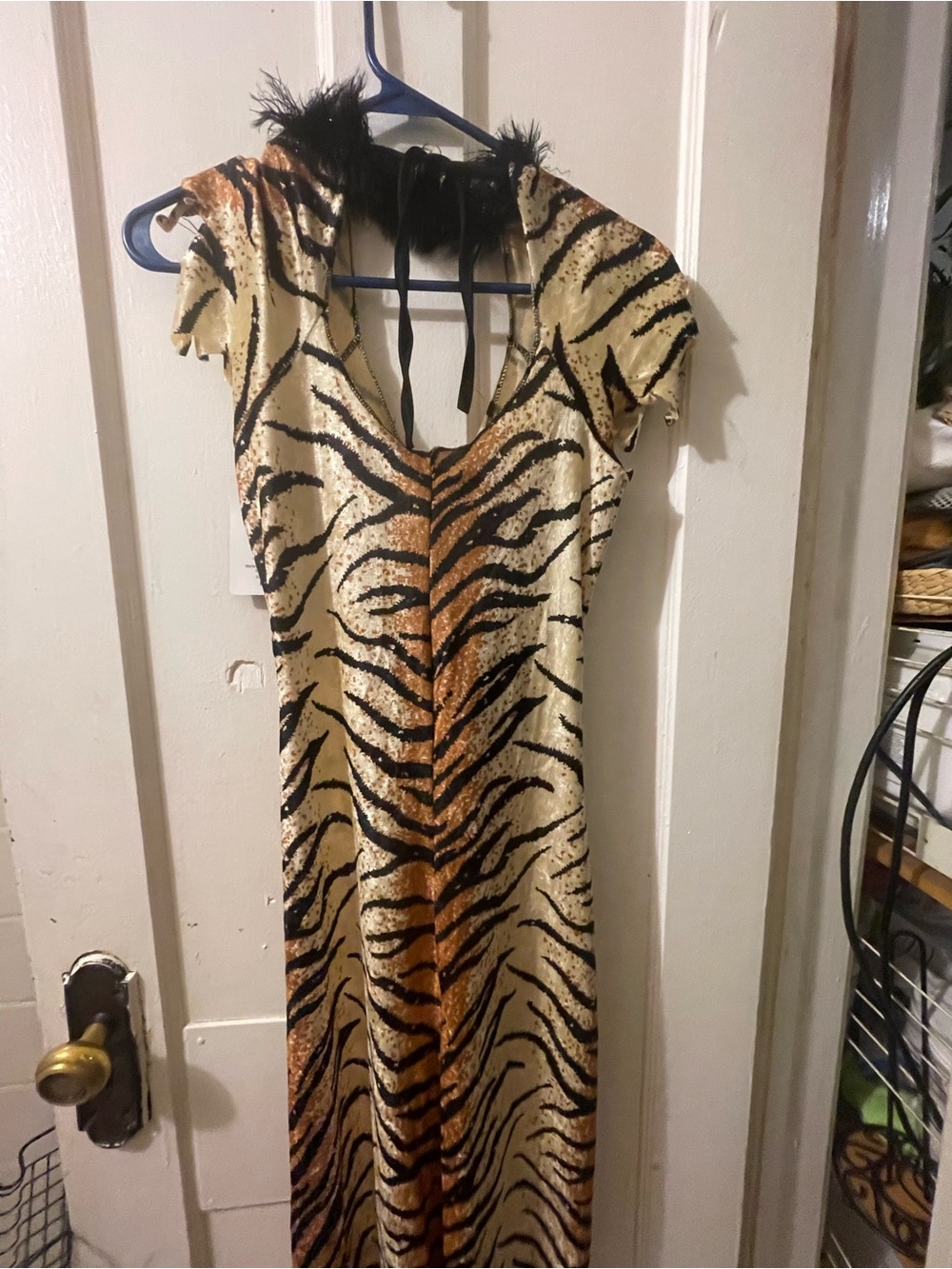 Gold and Black Tiger-Print Dress with Feather Trim